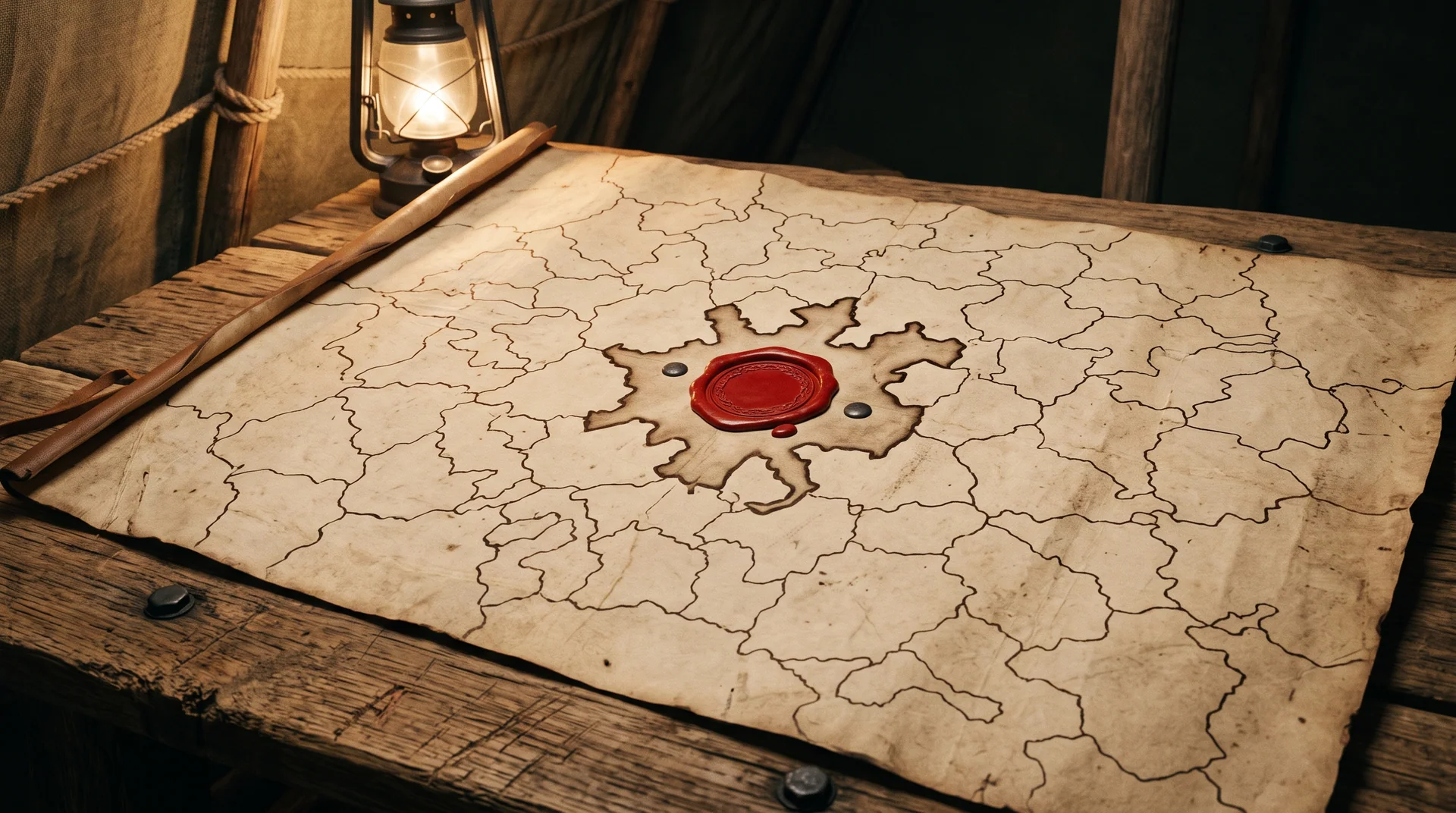 Parchment campaign map on a table inside the command tent